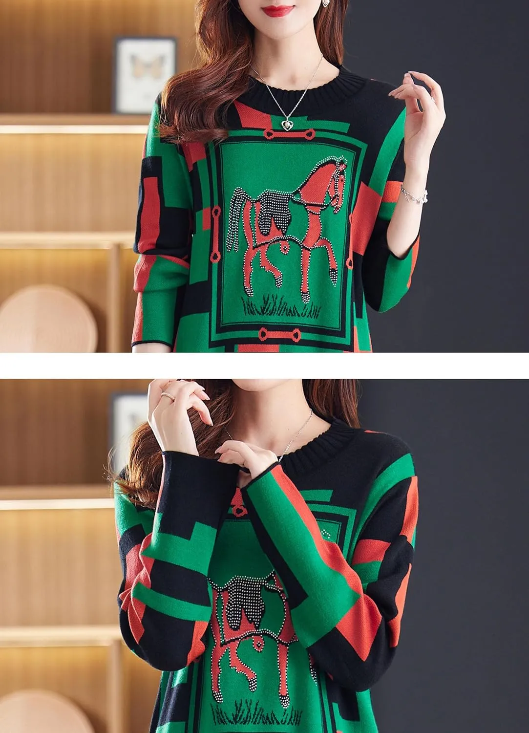 LAI MENG FIVE CATS Women's Vintage Long Sleeve Print Sweater Ribbed Knit Pullover Fall Midi Dress