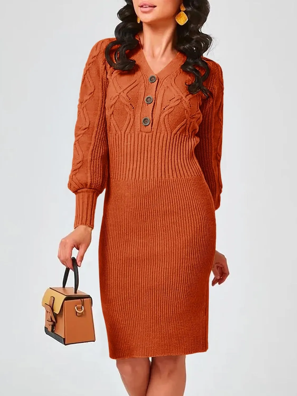 Langwyqu Women's V Neck Lantern Long Sleeve Sweater Dress Sexy Bodycon Cable Ribbed Knit Fall Pullover Midi Dresses