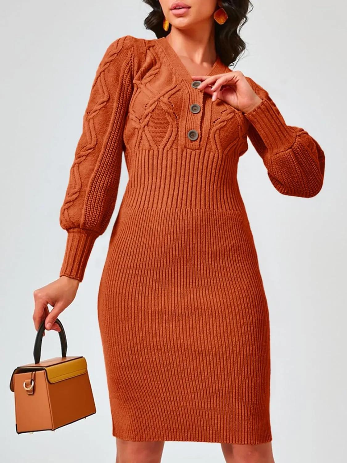 Langwyqu Women's V Neck Lantern Long Sleeve Sweater Dress Sexy Bodycon Cable Ribbed Knit Fall Pullover Midi Dresses