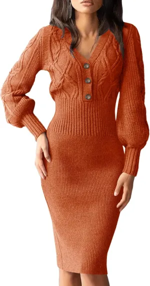 Langwyqu Women's V Neck Lantern Long Sleeve Sweater Dress Sexy Bodycon Cable Ribbed Knit Fall Pullover Midi Dresses