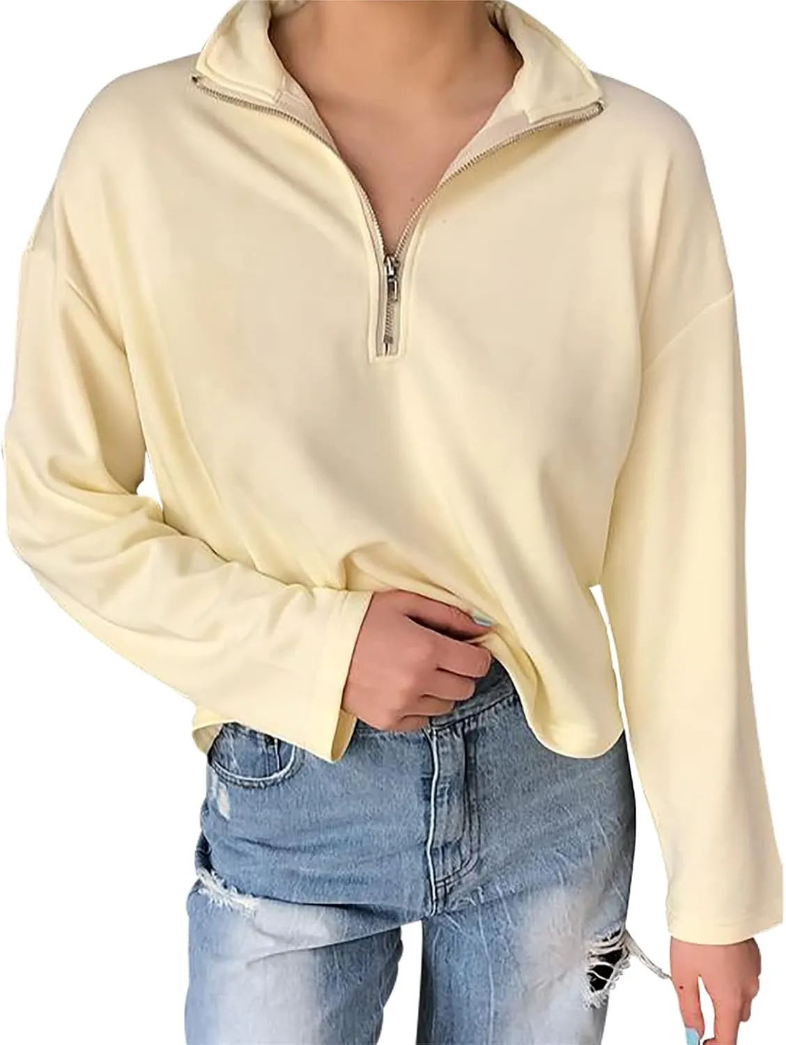 LAVASEON Womens Oversized Half Zip Lapel Sweatshirt Solid Color Casual Long Sleeve Cropped Pullover Top