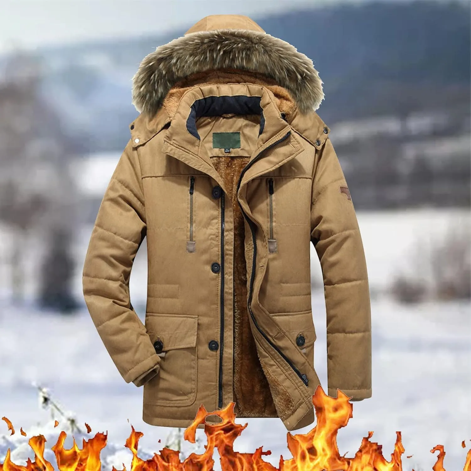 LCMTWX Coats for Men and Winter Jacket Coat Leisure Plus Size Hat Zip Pockets Cotton-Padded Warm Men's Thicken Warm
