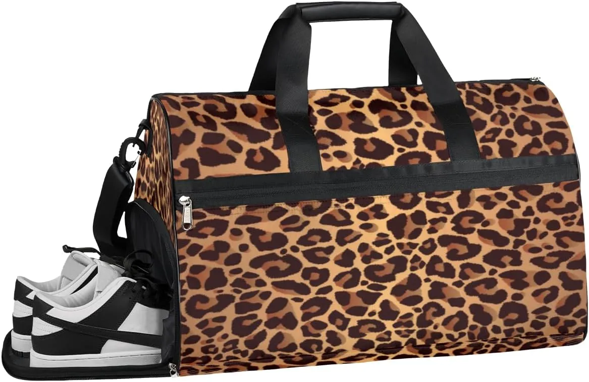 Leopard Design Sports Gym Bag with Wet Pocket & Shoes Compartment Waterproof Workout Duffel Bag for Women and Men Weekender Overnight Duffle Bag Travel Carry-on Tote