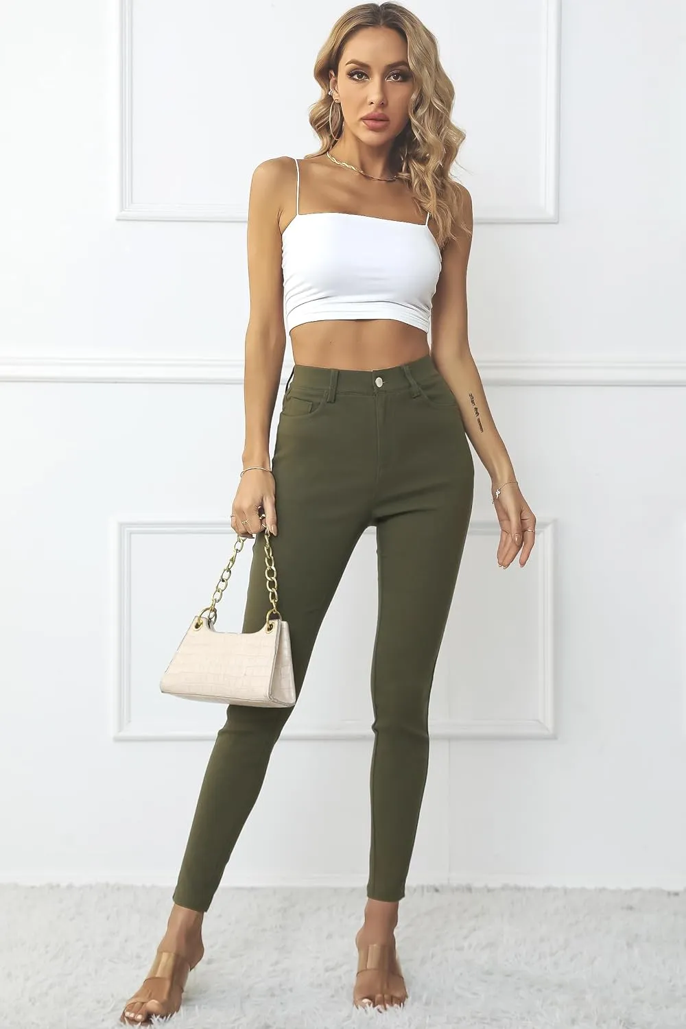 levaca Womens Jeggings High Waist Skinny Casual Work Pants Slim Pencil Trousers with Pockets