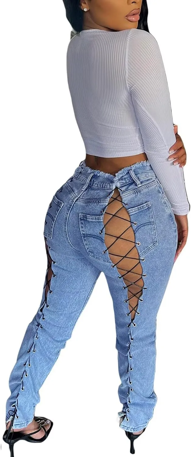 LROSEY Womens Skinny Lace Up Jeans y2k Sexy Raw Trim High Waisted Ripped Strappy Hollow Out Denim Jean Pants