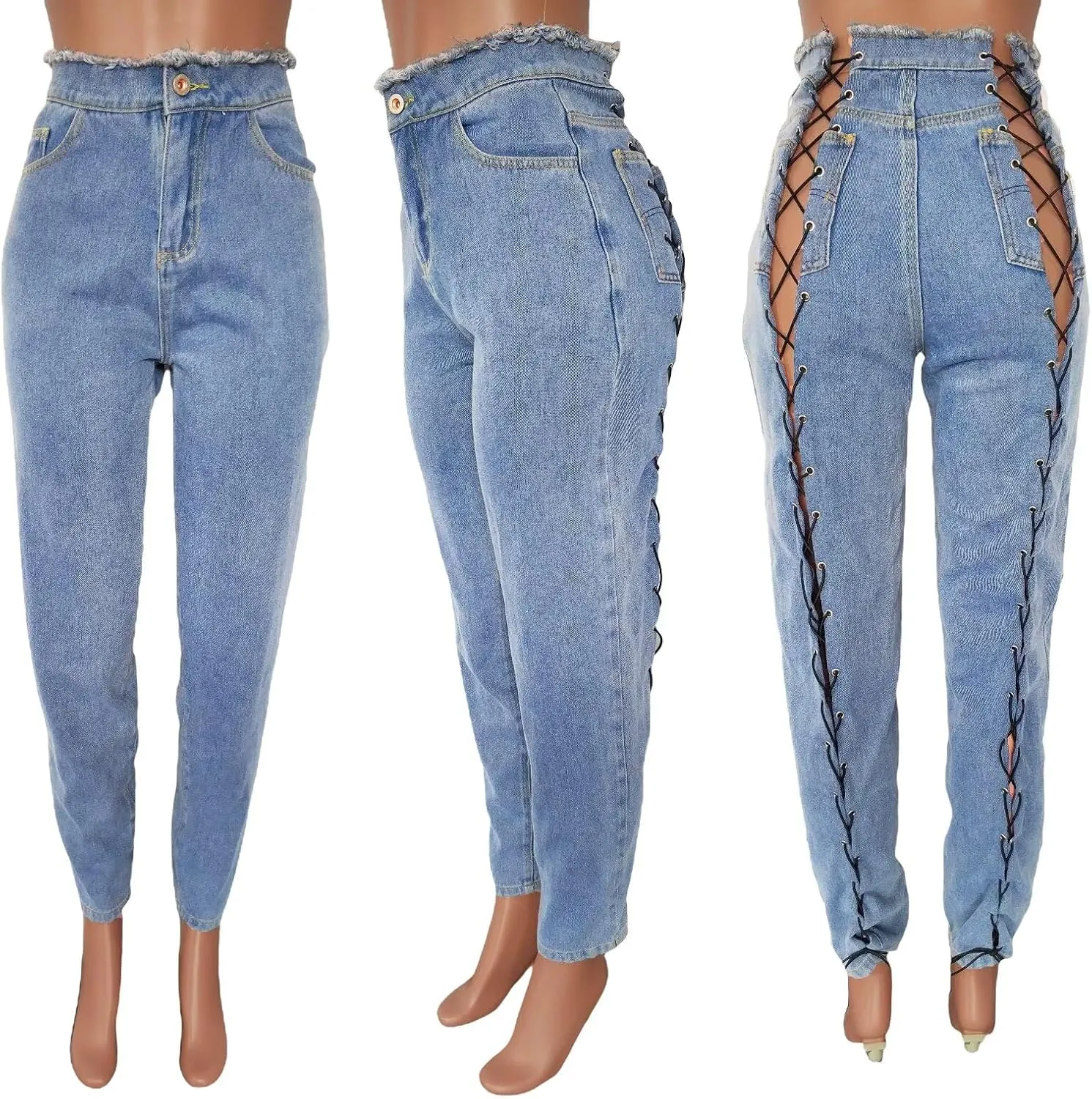 LROSEY Womens Skinny Lace Up Jeans y2k Sexy Raw Trim High Waisted Ripped Strappy Hollow Out Denim Jean Pants
