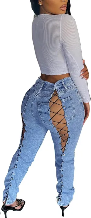 LROSEY Womens Skinny Lace Up Jeans y2k Sexy Raw Trim High Waisted Ripped Strappy Hollow Out Denim Jean Pants