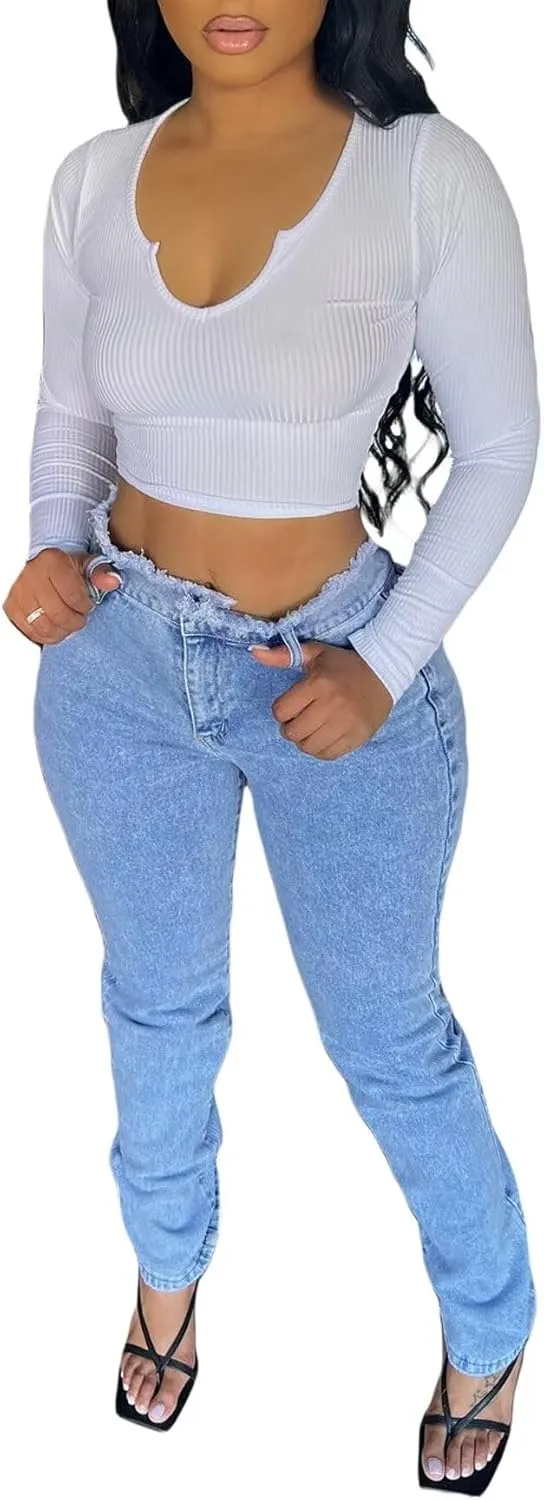 LROSEY Womens Skinny Lace Up Jeans y2k Sexy Raw Trim High Waisted Ripped Strappy Hollow Out Denim Jean Pants