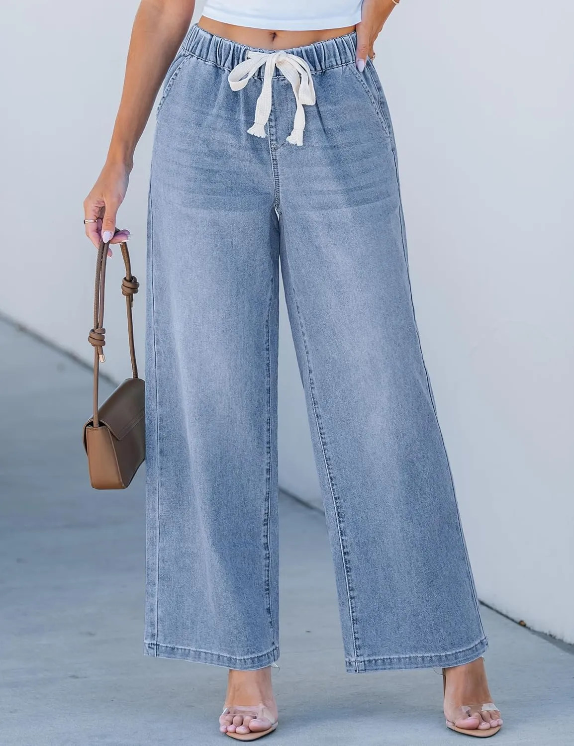 luvamia Wide Leg Jeans Woman High Waisted Trendy Pull On Elastic Waist Drawstring Stretchy Denim Jean Pants with Pockets