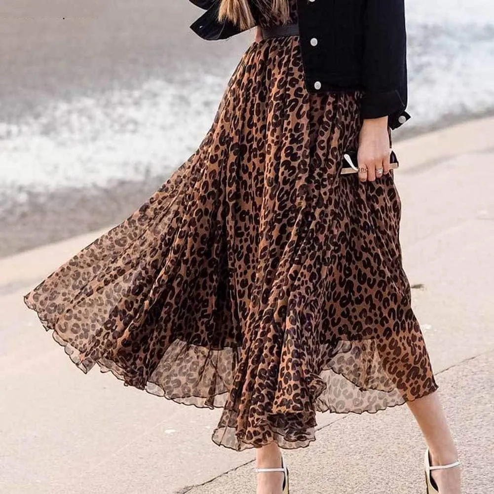 L'VOW Leopard Maxi Skirt - Women's High-Waist Cheetah Skirts Pleated Casual Animal Print Dress