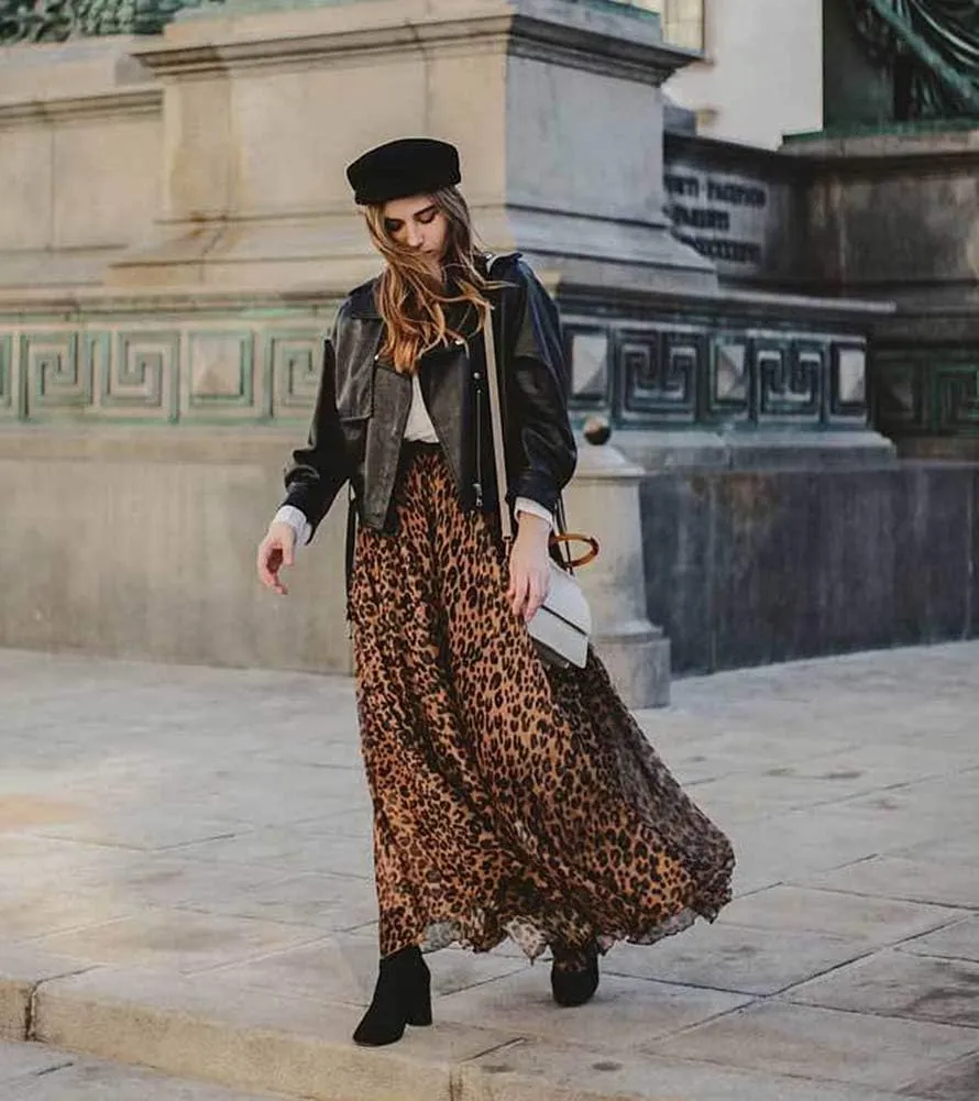 L'VOW Leopard Maxi Skirt - Women's High-Waist Cheetah Skirts Pleated Casual Animal Print Dress