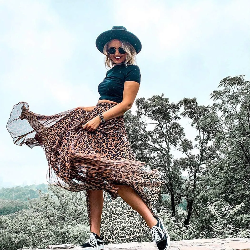 L'VOW Leopard Maxi Skirt - Women's High-Waist Cheetah Skirts Pleated Casual Animal Print Dress