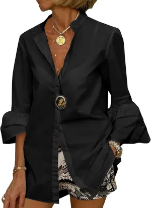 LYANER Women's Flare Long Sleeve Stand Collar Button Down Blouse Shirt Top