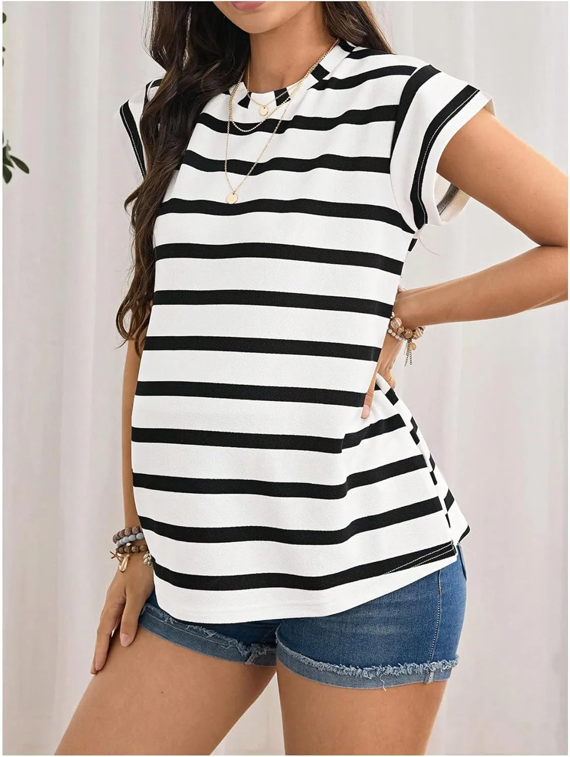MakeMeChic Women's Maternity Tee Shirt Striped Crew Neck Cap Sleeve Pregnancy Tops