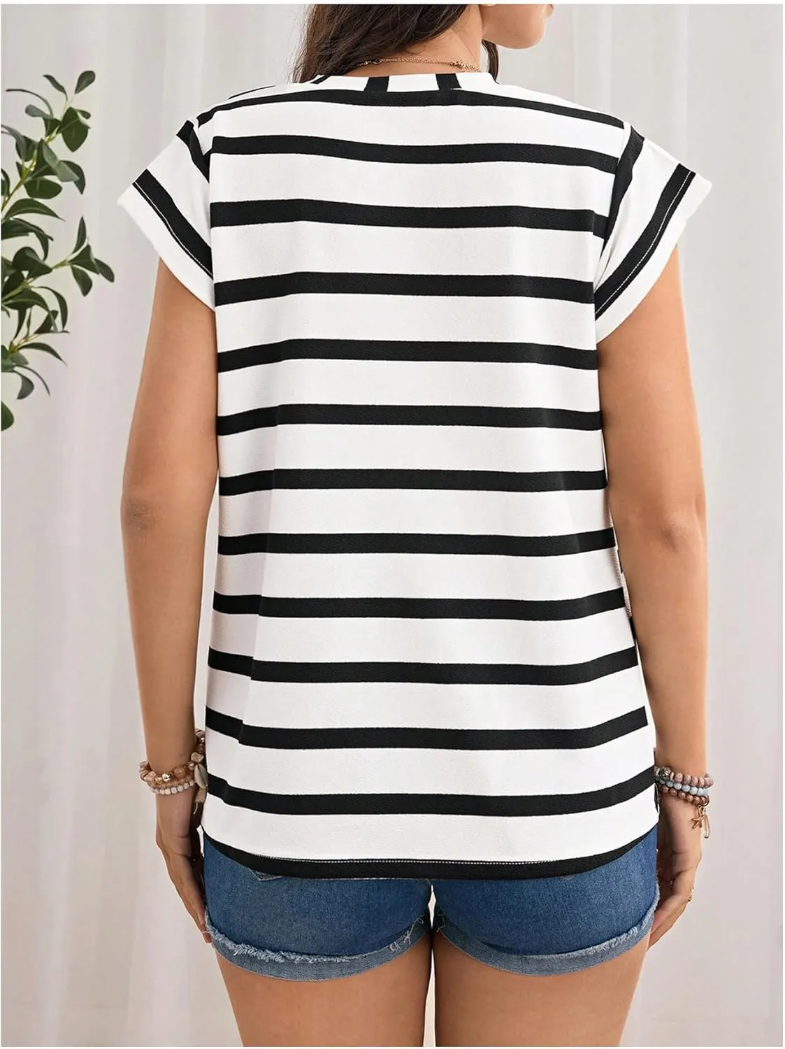 MakeMeChic Women's Maternity Tee Shirt Striped Crew Neck Cap Sleeve Pregnancy Tops
