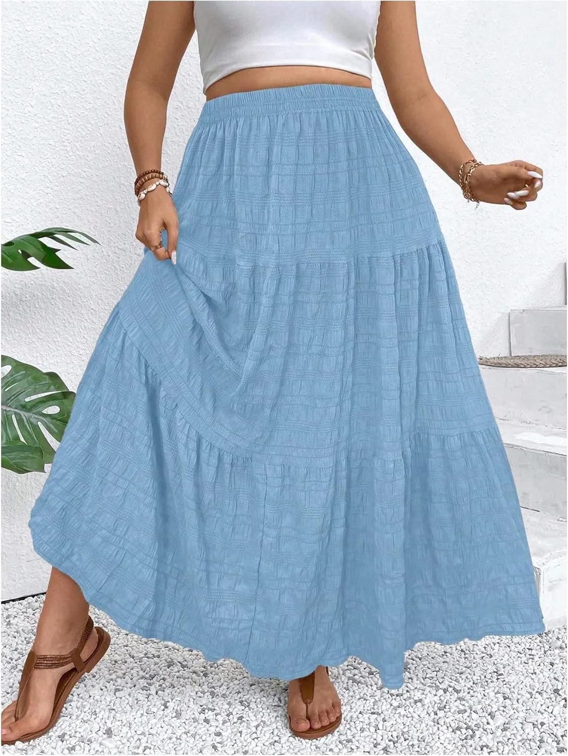 MakeMeChic Women's Plus Size Summer Maxi Skirt Tiered Ruffle Hem Flowy Long Skirts
