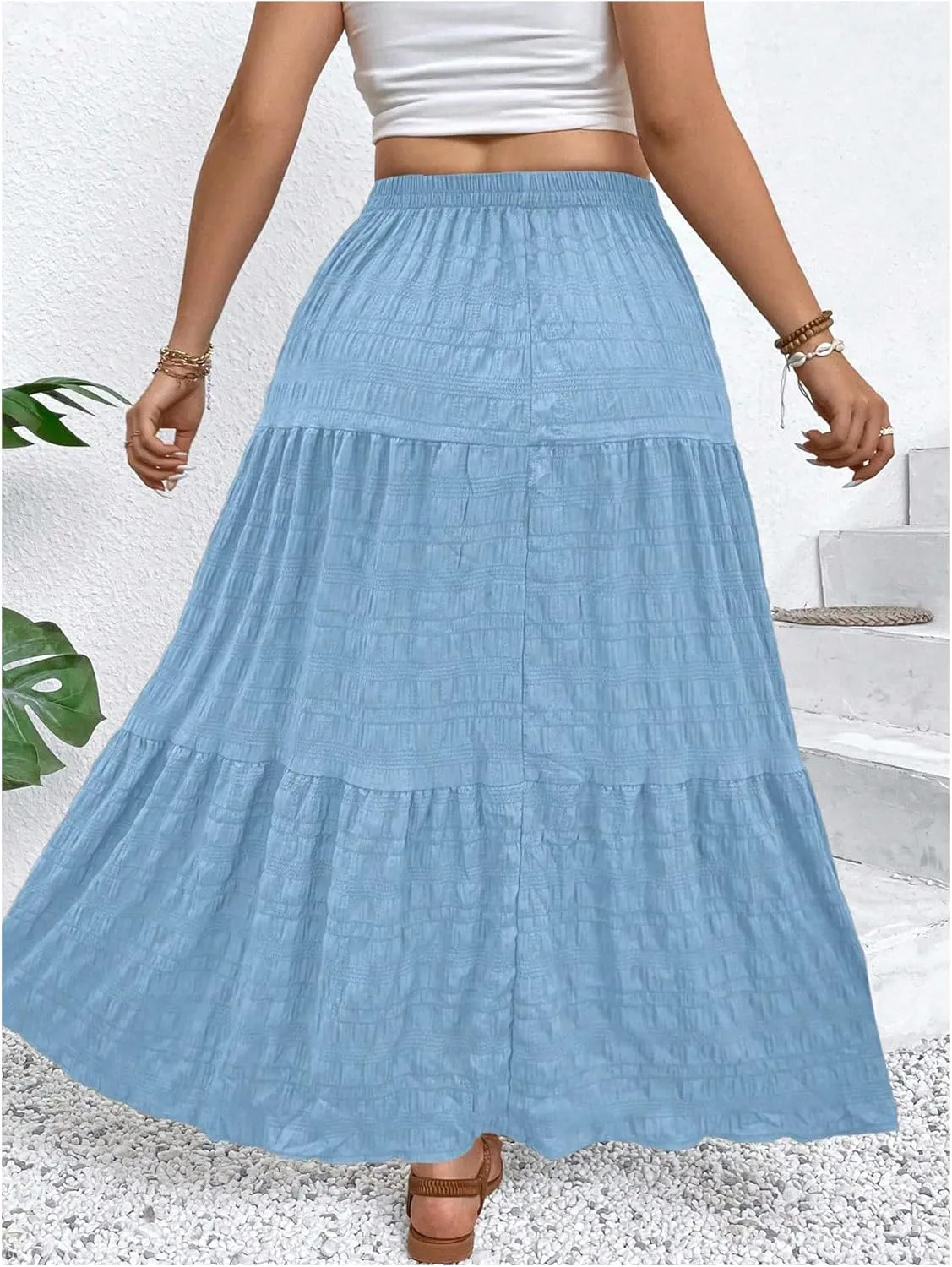 MakeMeChic Women's Plus Size Summer Maxi Skirt Tiered Ruffle Hem Flowy Long Skirts