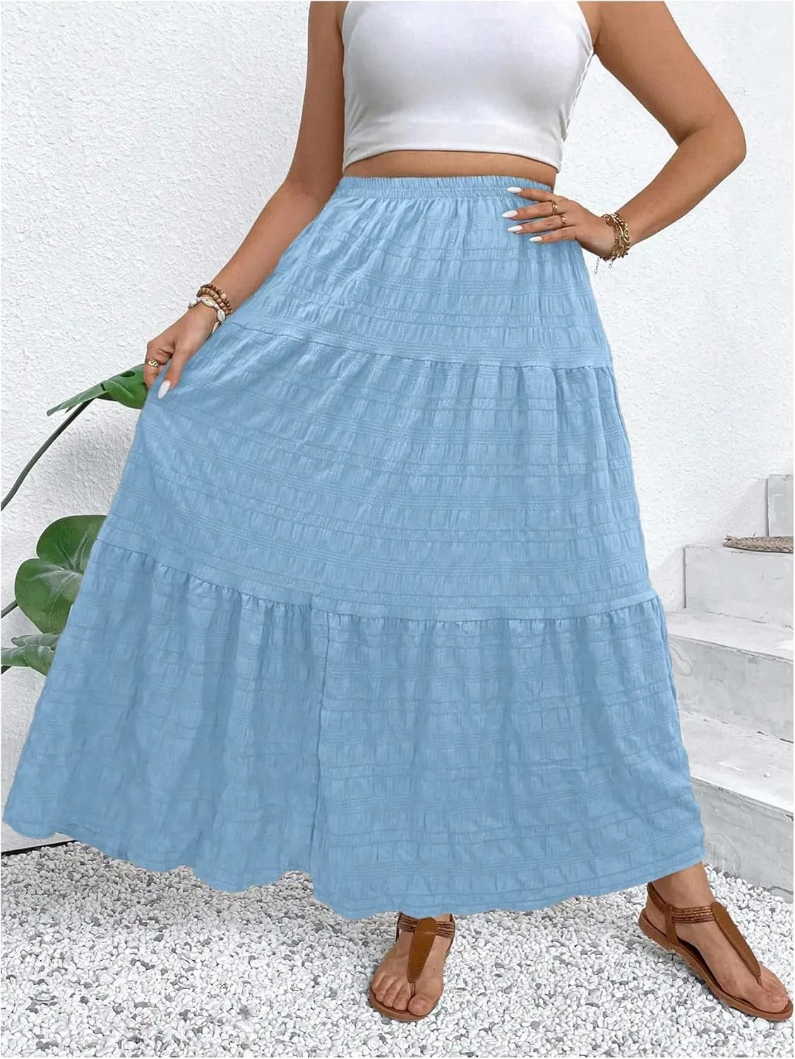 MakeMeChic Women's Plus Size Summer Maxi Skirt Tiered Ruffle Hem Flowy Long Skirts