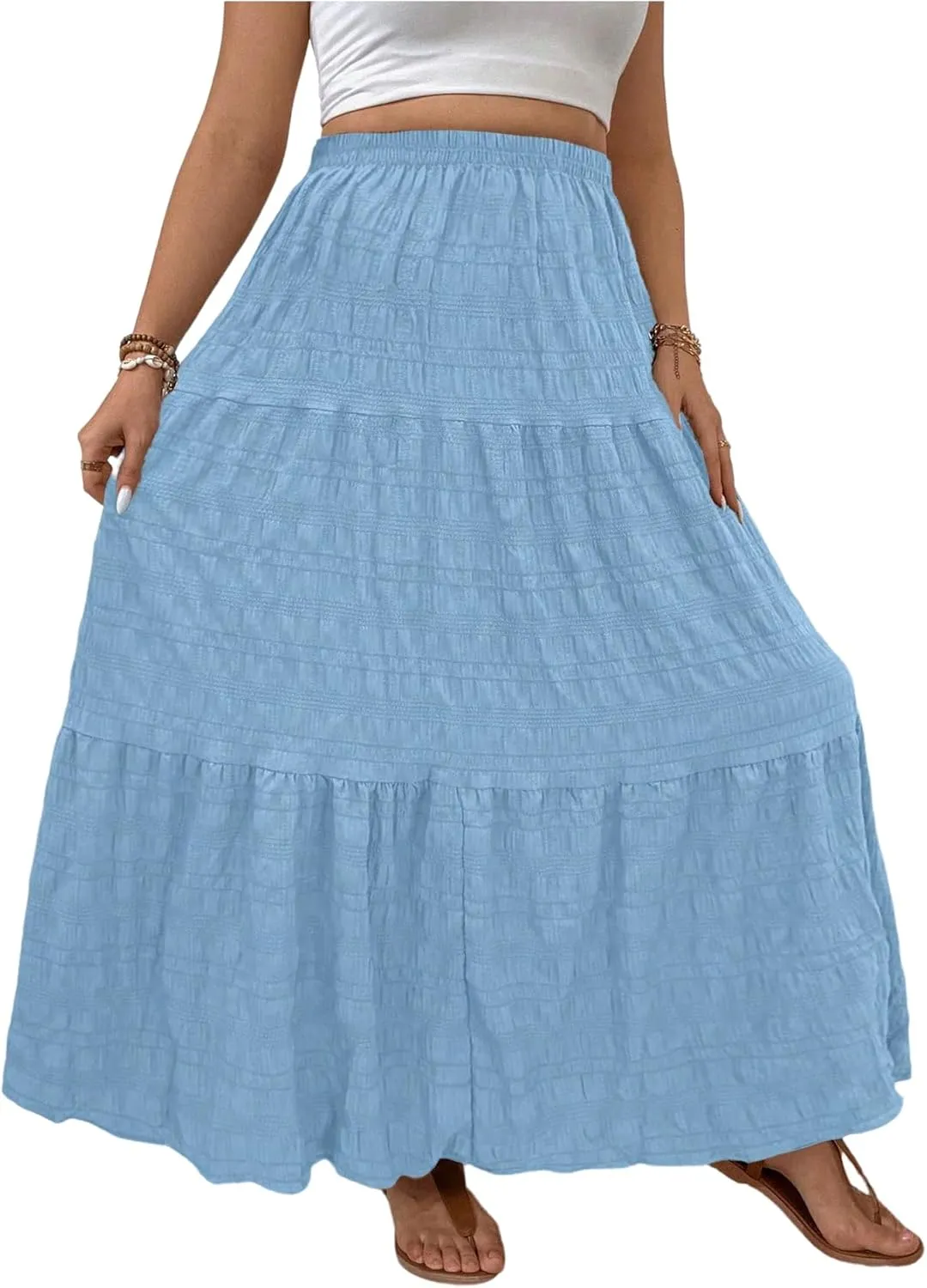 MakeMeChic Women's Plus Size Summer Maxi Skirt Tiered Ruffle Hem Flowy Long Skirts