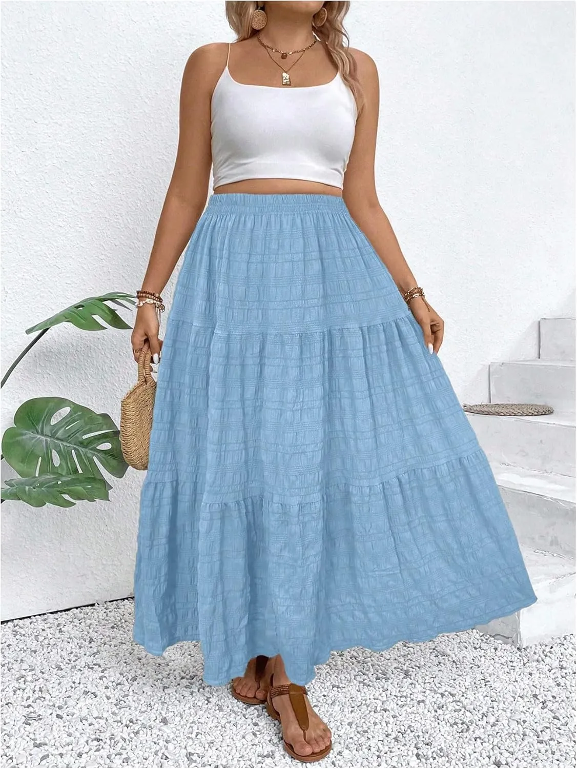MakeMeChic Women's Plus Size Summer Maxi Skirt Tiered Ruffle Hem Flowy Long Skirts