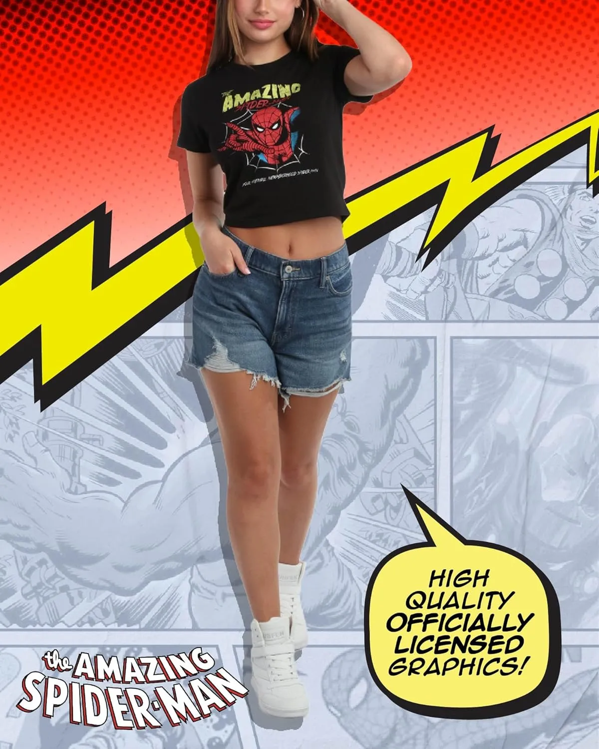 Marvel Womens Graphic Tee - The Amazing Spiderman Crop Top Baby Tee and Tank Top Short Sleeve Graphic Shirts for Women (S-XL)