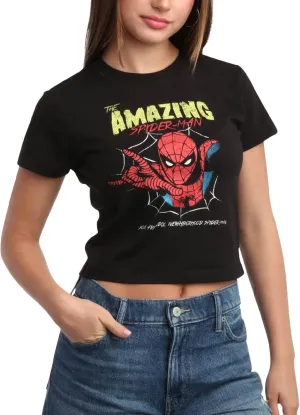 Marvel Womens Graphic Tee - The Amazing Spiderman Crop Top Baby Tee and Tank Top Short Sleeve Graphic Shirts for Women (S-XL)
