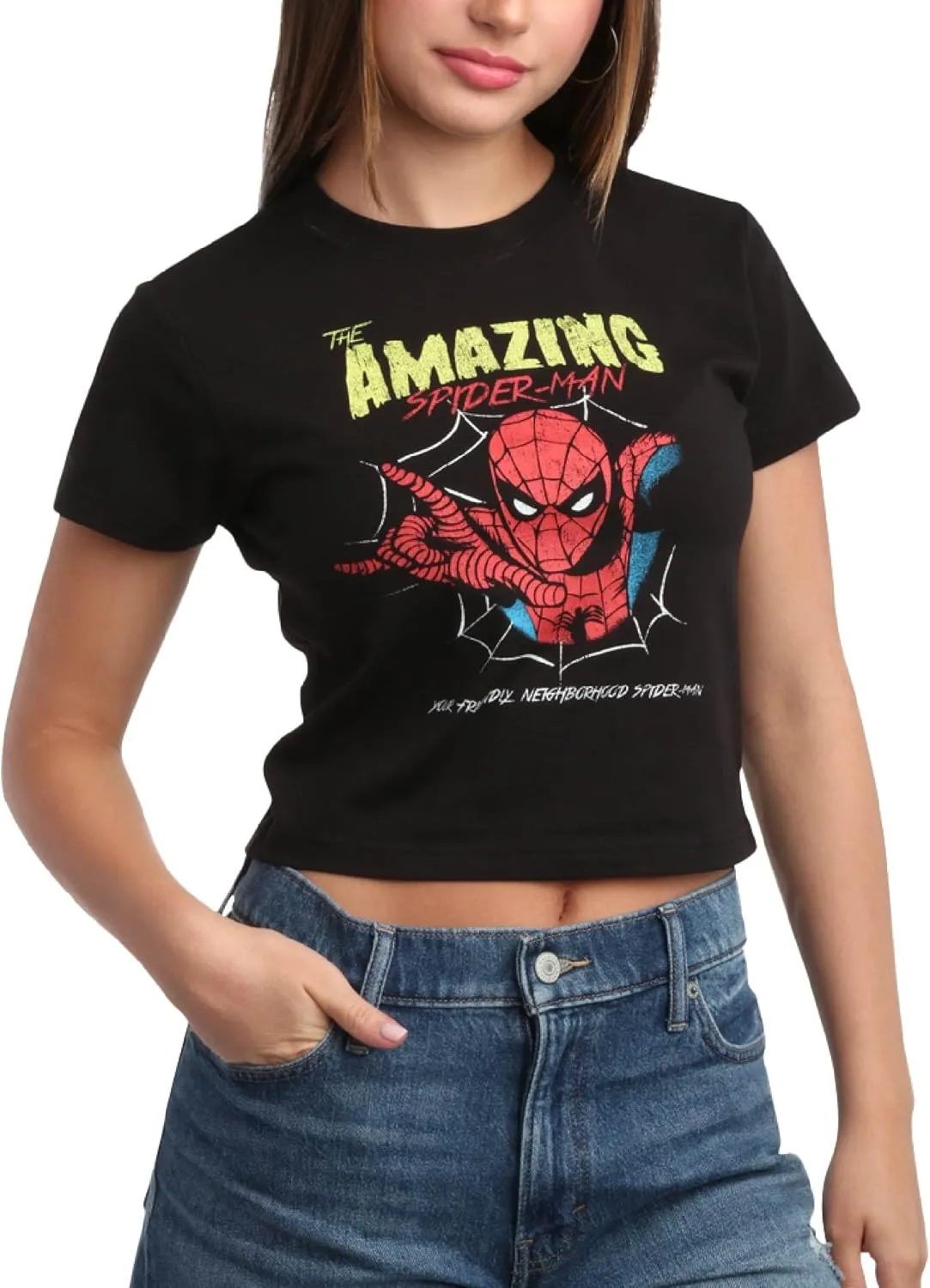 Marvel Womens Graphic Tee - The Amazing Spiderman Crop Top Baby Tee and Tank Top Short Sleeve Graphic Shirts for Women (S-XL)
