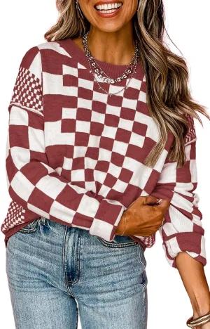MARZXIN Women's 2025 Fall Casual Long Sleeve Sweaters Checkered Print Drop Crewneck Pullover Tops