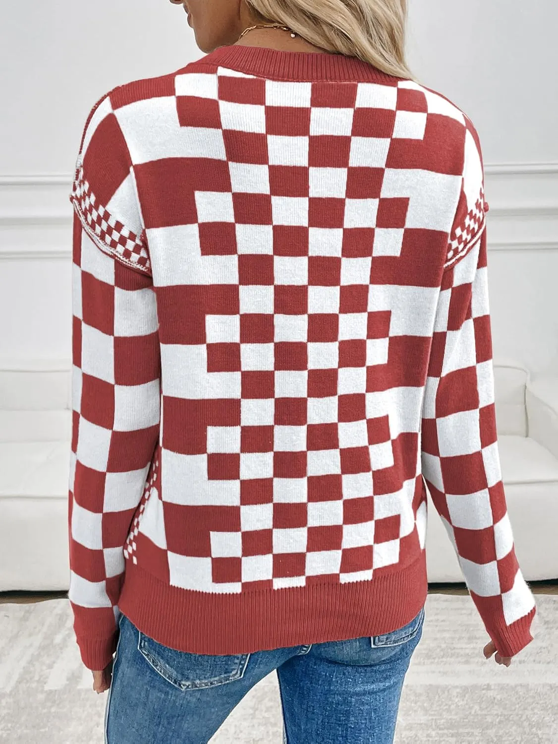 MARZXIN Women's 2025 Fall Casual Long Sleeve Sweaters Checkered Print Drop Crewneck Pullover Tops