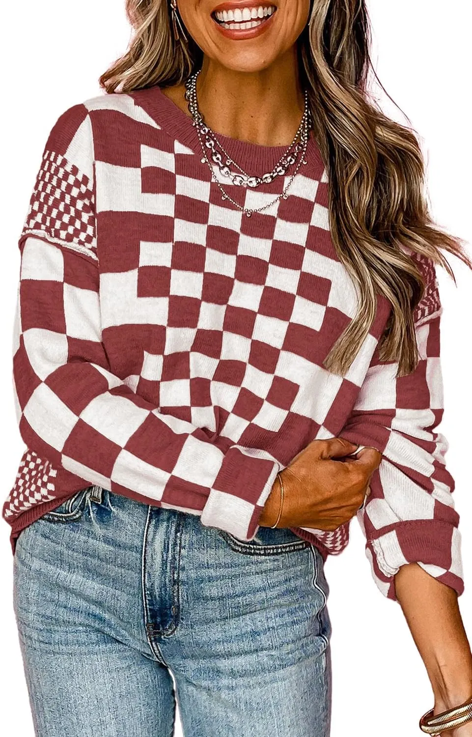MARZXIN Women's 2025 Fall Casual Long Sleeve Sweaters Checkered Print Drop Crewneck Pullover Tops