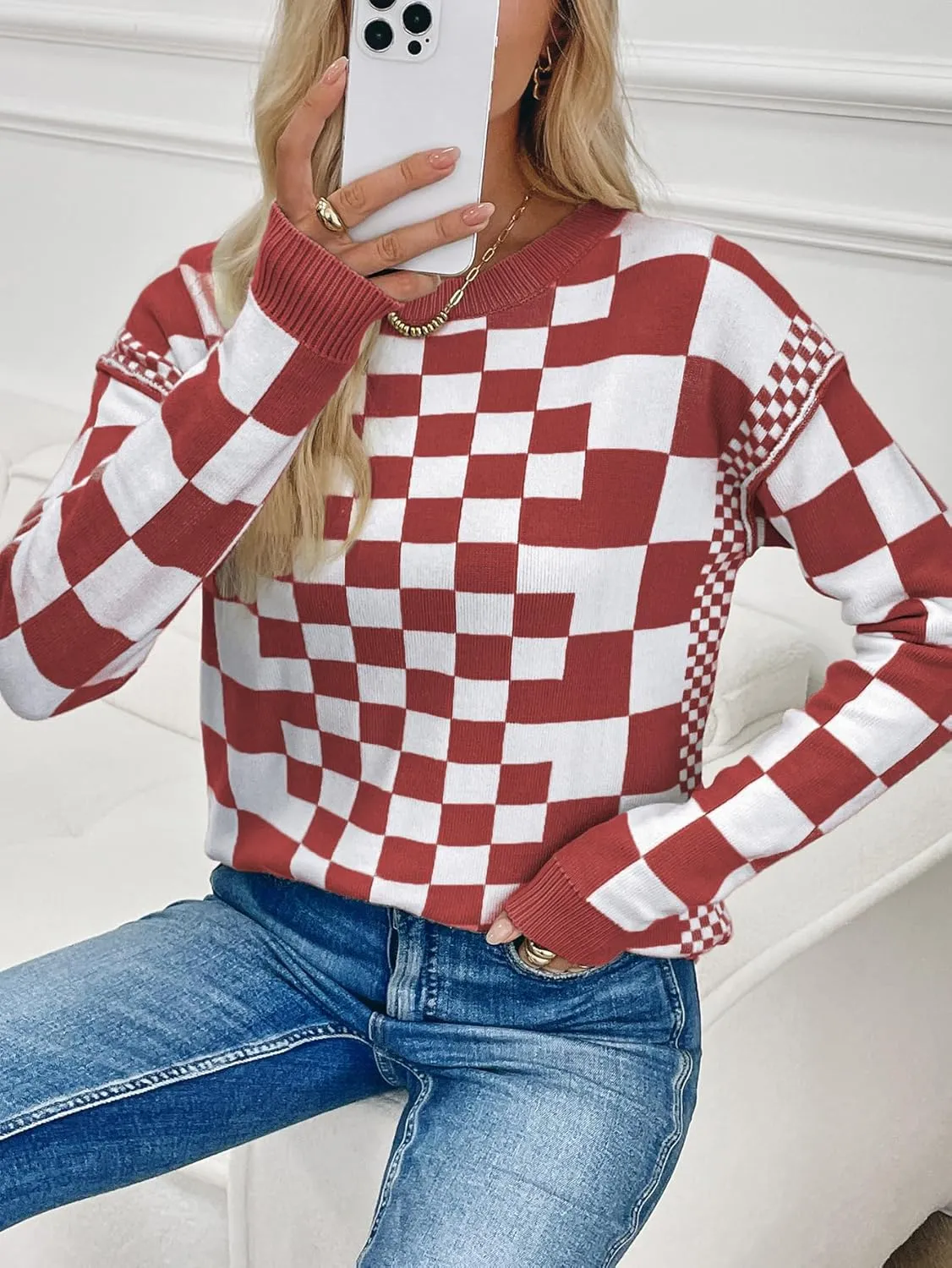 MARZXIN Women's 2025 Fall Casual Long Sleeve Sweaters Checkered Print Drop Crewneck Pullover Tops