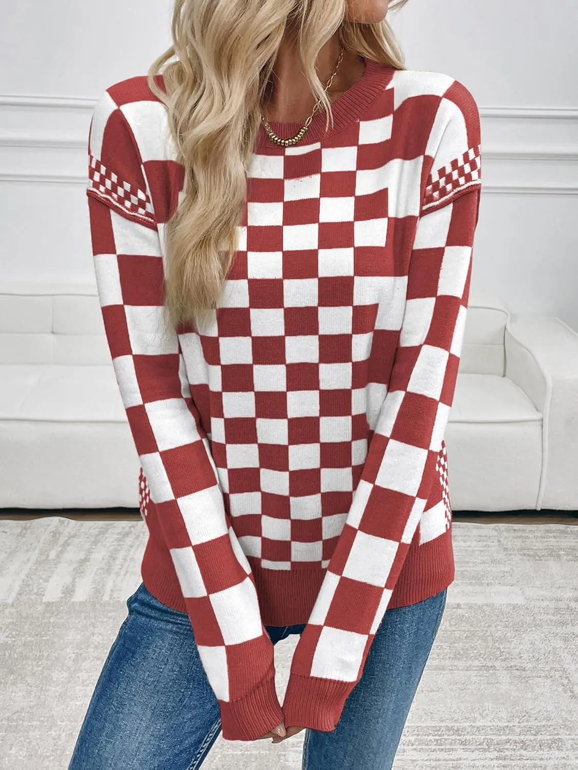 MARZXIN Women's 2025 Fall Casual Long Sleeve Sweaters Checkered Print Drop Crewneck Pullover Tops