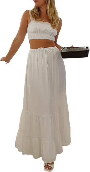 Maxi Skirt Set Women Summer Two Piece Vacation Beach Outfits Wide Straps Crop Tank Flowy Tiered Aline Skirt Set