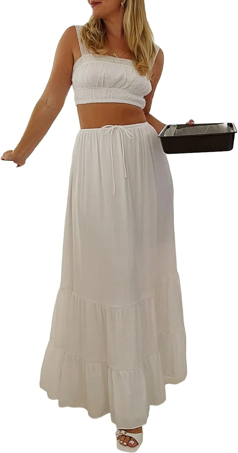Maxi Skirt Set Women Summer Two Piece Vacation Beach Outfits Wide Straps Crop Tank Flowy Tiered Aline Skirt Set
