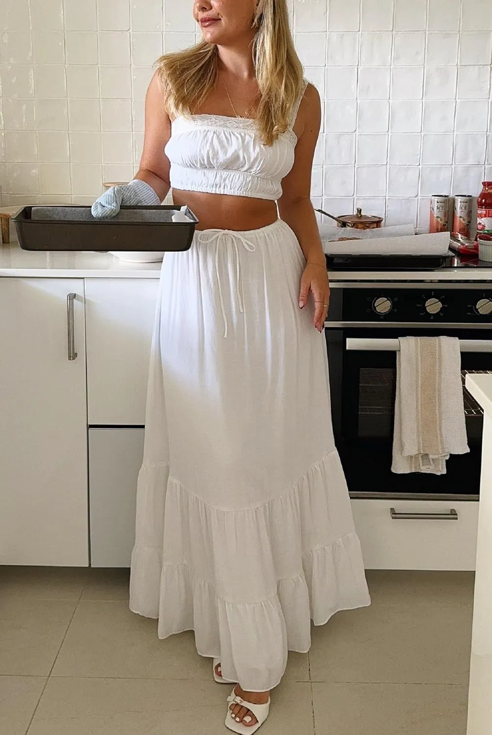 Maxi Skirt Set Women Summer Two Piece Vacation Beach Outfits Wide Straps Crop Tank Flowy Tiered Aline Skirt Set