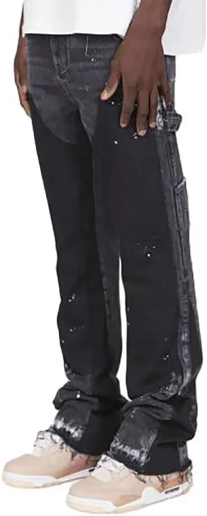 Men Relaxed Fit Ripped Jeans Hip Hop Splash Ink Print Patchwork Denim Pants