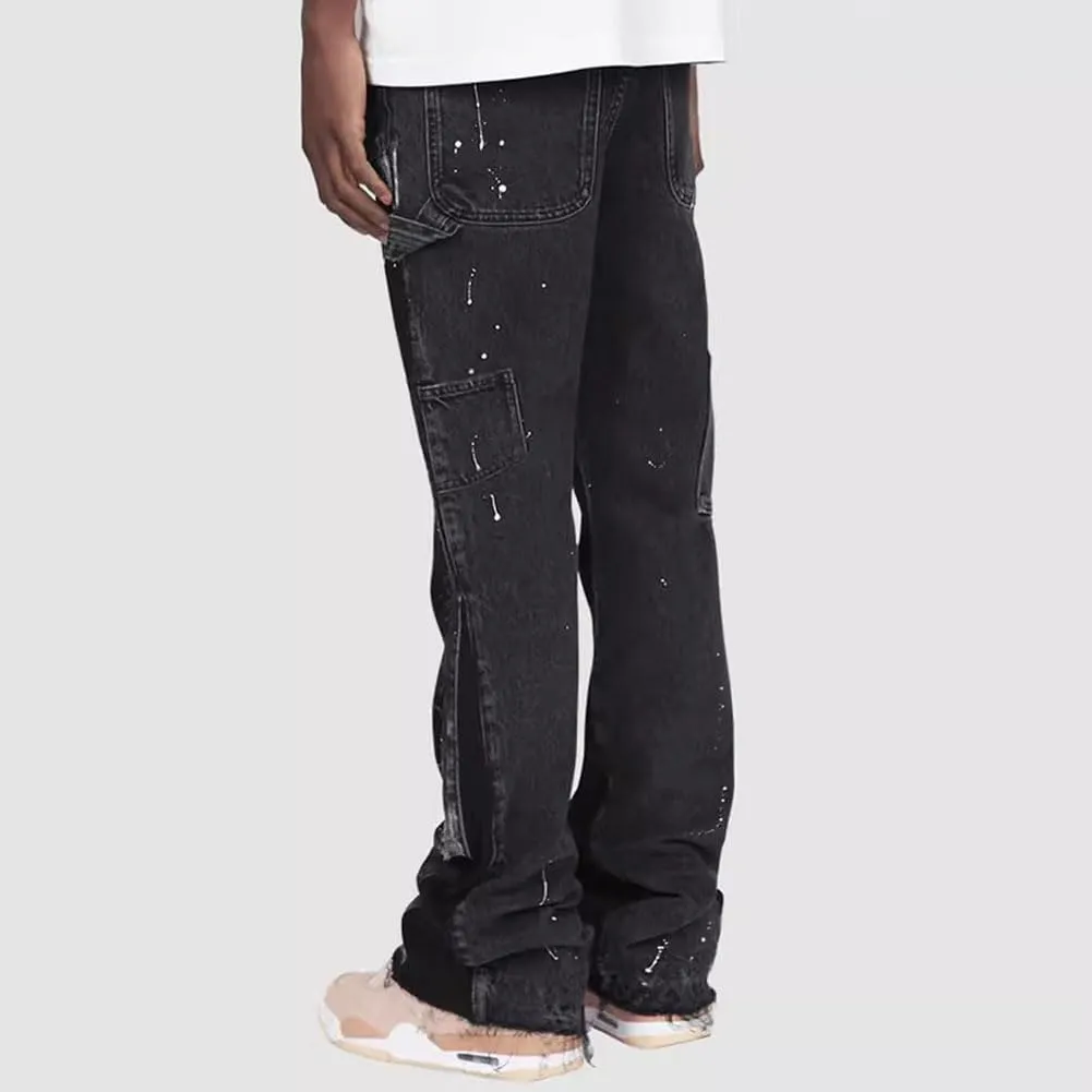 Men Relaxed Fit Ripped Jeans Hip Hop Splash Ink Print Patchwork Denim Pants