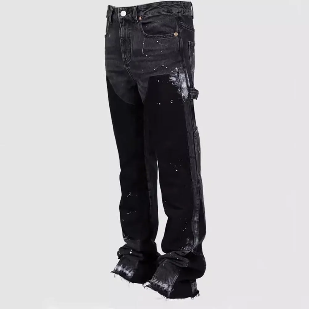 Men Relaxed Fit Ripped Jeans Hip Hop Splash Ink Print Patchwork Denim Pants