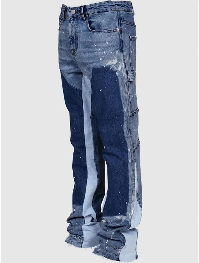 Men Relaxed Fit Ripped Jeans Hip Hop Splash Ink Print Patchwork Denim Pants