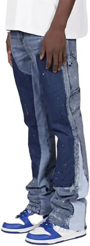Men Relaxed Fit Ripped Jeans Hip Hop Splash Ink Print Patchwork Denim Pants