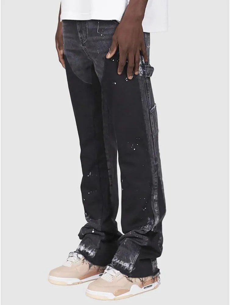 Men Relaxed Fit Ripped Jeans Hip Hop Splash Ink Print Patchwork Denim Pants