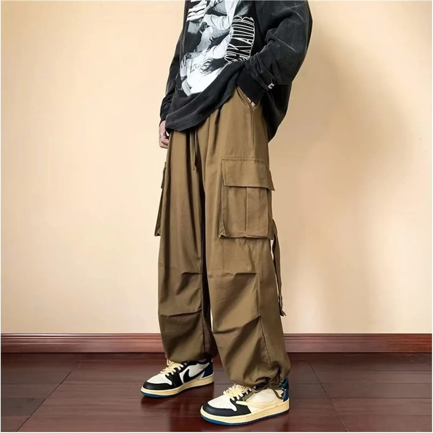 Men's Cargo Pants Y2k Hip Hop Baggy Pants Streetwear Wide Leg Cargo Joggers Parachute Pants for Men