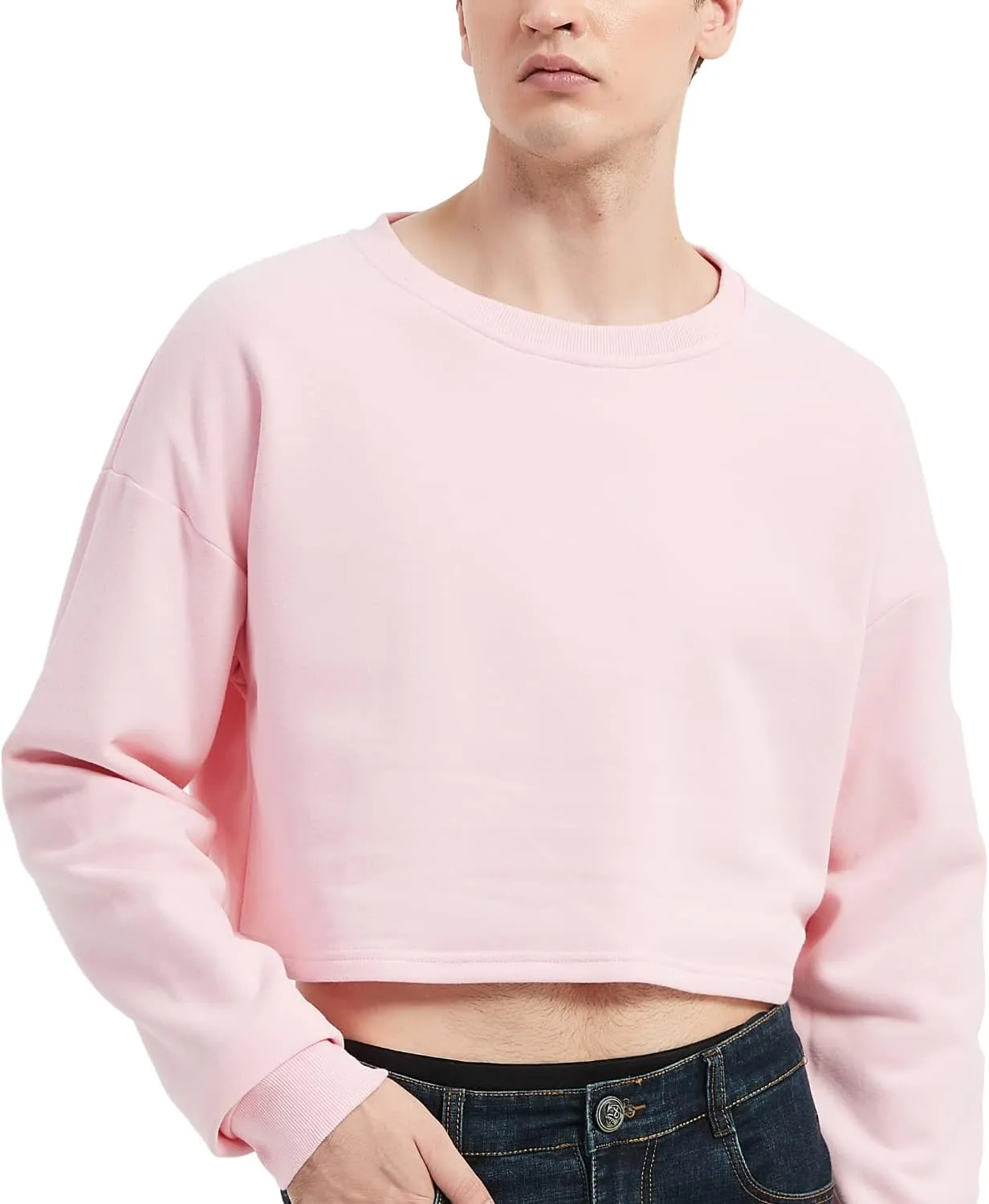 Men's Cropped Cut-Off Hoodie Solid Color Long Sleeves Drawstring Casual Sweatshirts Crop Tops