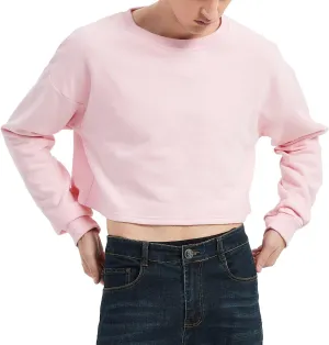 Men's Cropped Cut-Off Hoodie Solid Color Long Sleeves Drawstring Casual Sweatshirts Crop Tops
