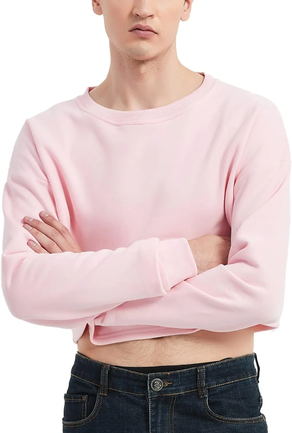 Men's Cropped Cut-Off Hoodie Solid Color Long Sleeves Drawstring Casual Sweatshirts Crop Tops