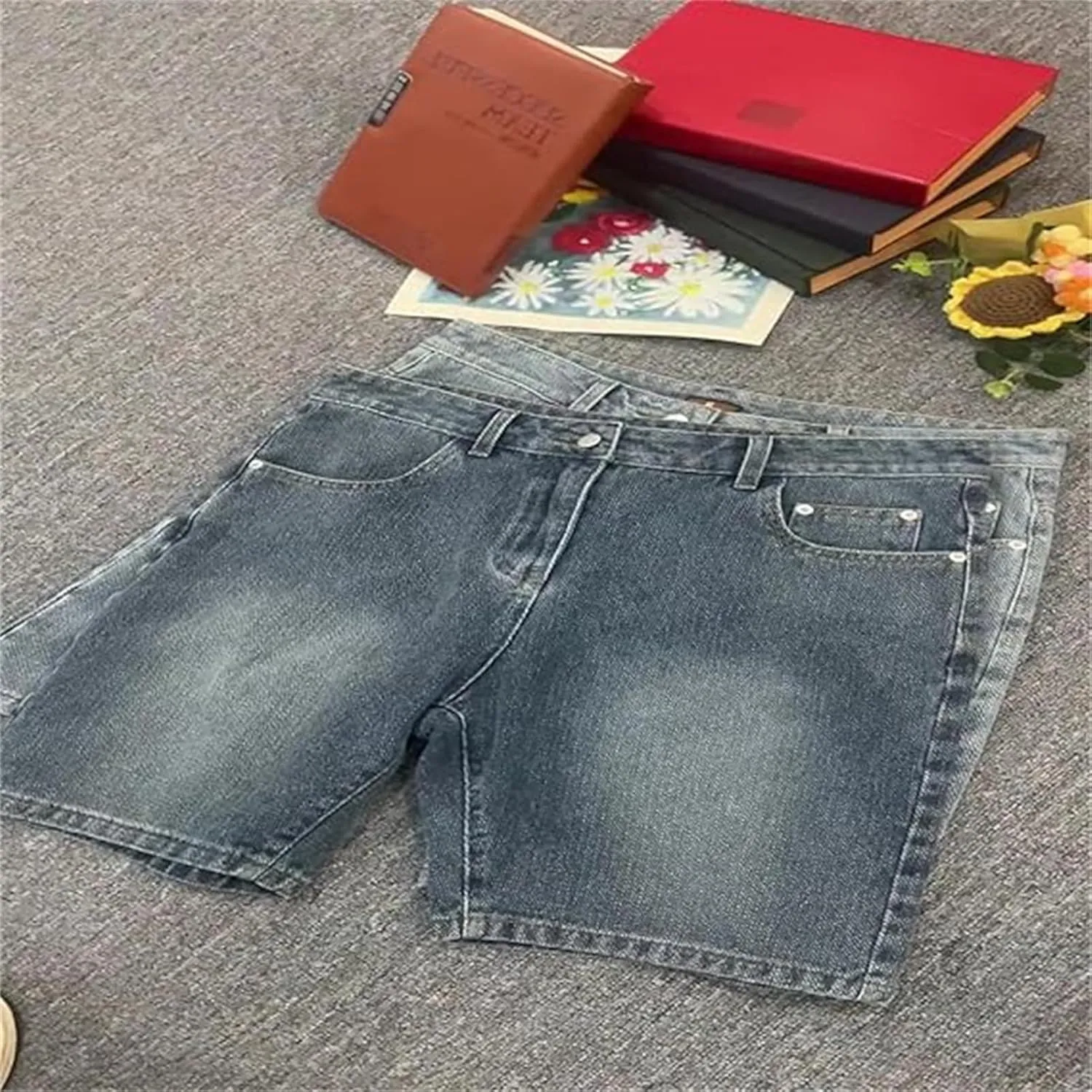 Mens Fashion Mid Thigh Fold Hem Cutoff Casual Jean Shorts, Relaxed Fit Stretch Straight-Leg Loose Wide Leg Denim Shorts