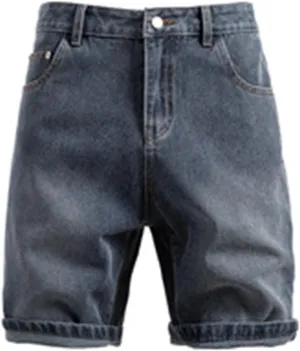 Mens Fashion Mid Thigh Fold Hem Cutoff Casual Jean Shorts, Relaxed Fit Stretch Straight-Leg Loose Wide Leg Denim Shorts