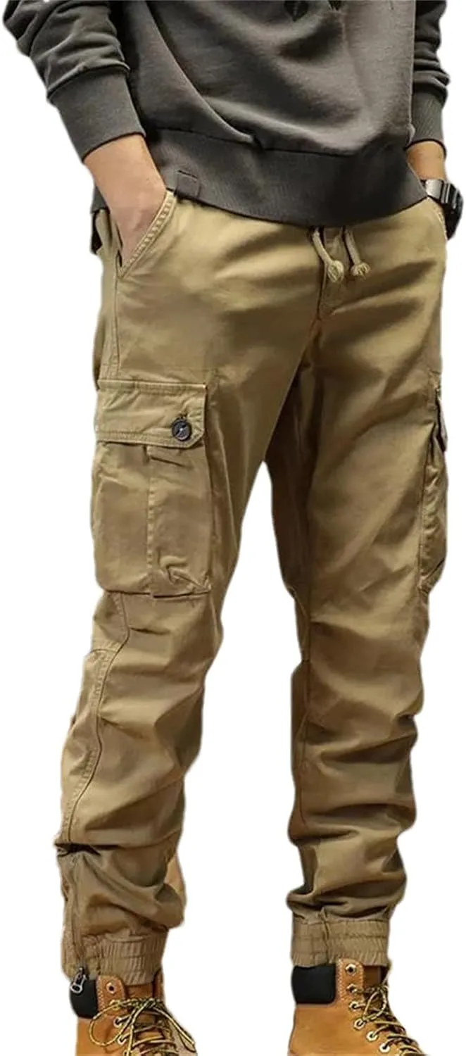Mens Multi-Pockets Spring Summer Cargo Pants Men Streetwear Zipper Leg Skinny Work Joggers Cotton Casual Trousers