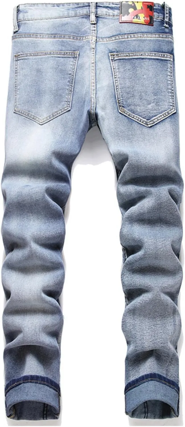 Men's Skinny Slim Fit Ripped Jeans Relaxed Fit Distressed Destroyed Patchwork Stretch Denim Pants