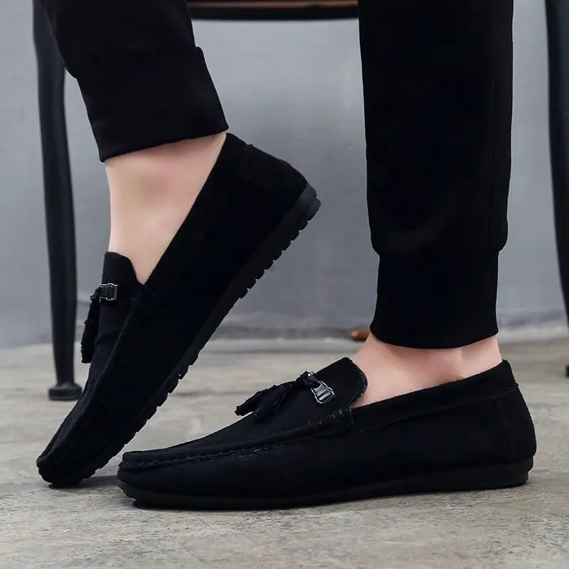 Men's Suede Loafers with Tassel ?CRound Toe Flat Heel Slip-Resistant Flexible Classic Loafer Shoes for Prom and Casual Wear